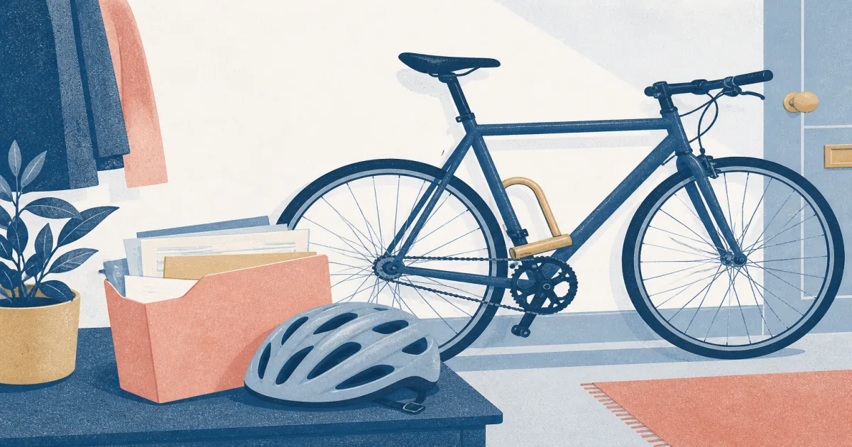 Risograph illustration of a bicycle in a hallway beside household paperwork and a helmet