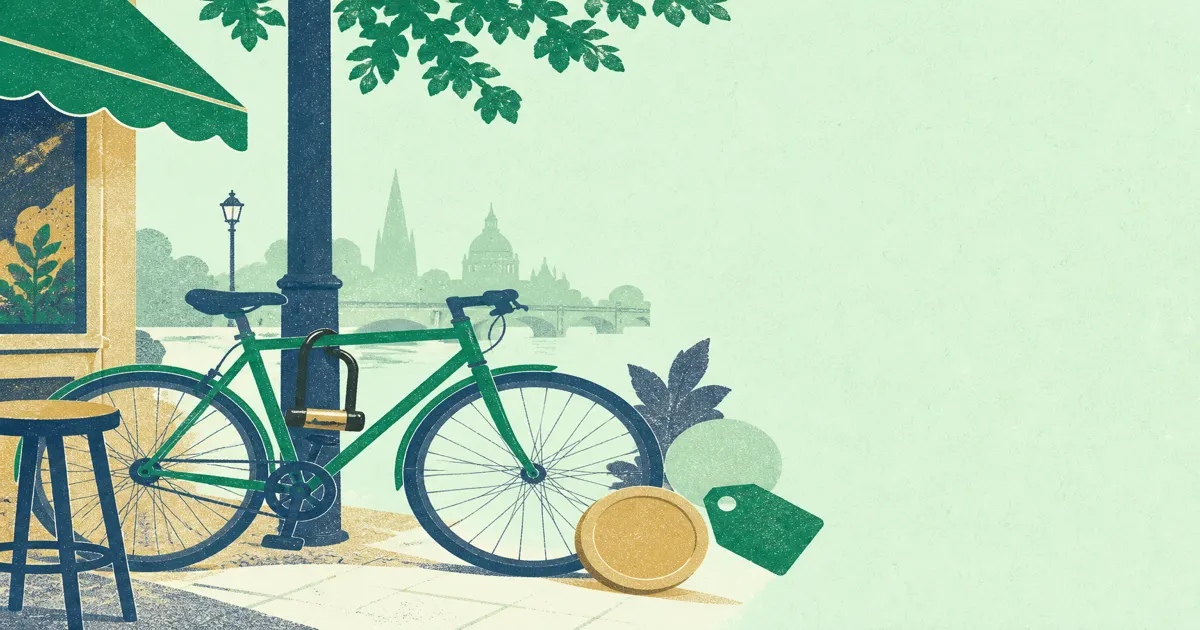 Flat risograph scene of a locked bicycle beside a UK cafe with price-tag shapes as abstract shapes only