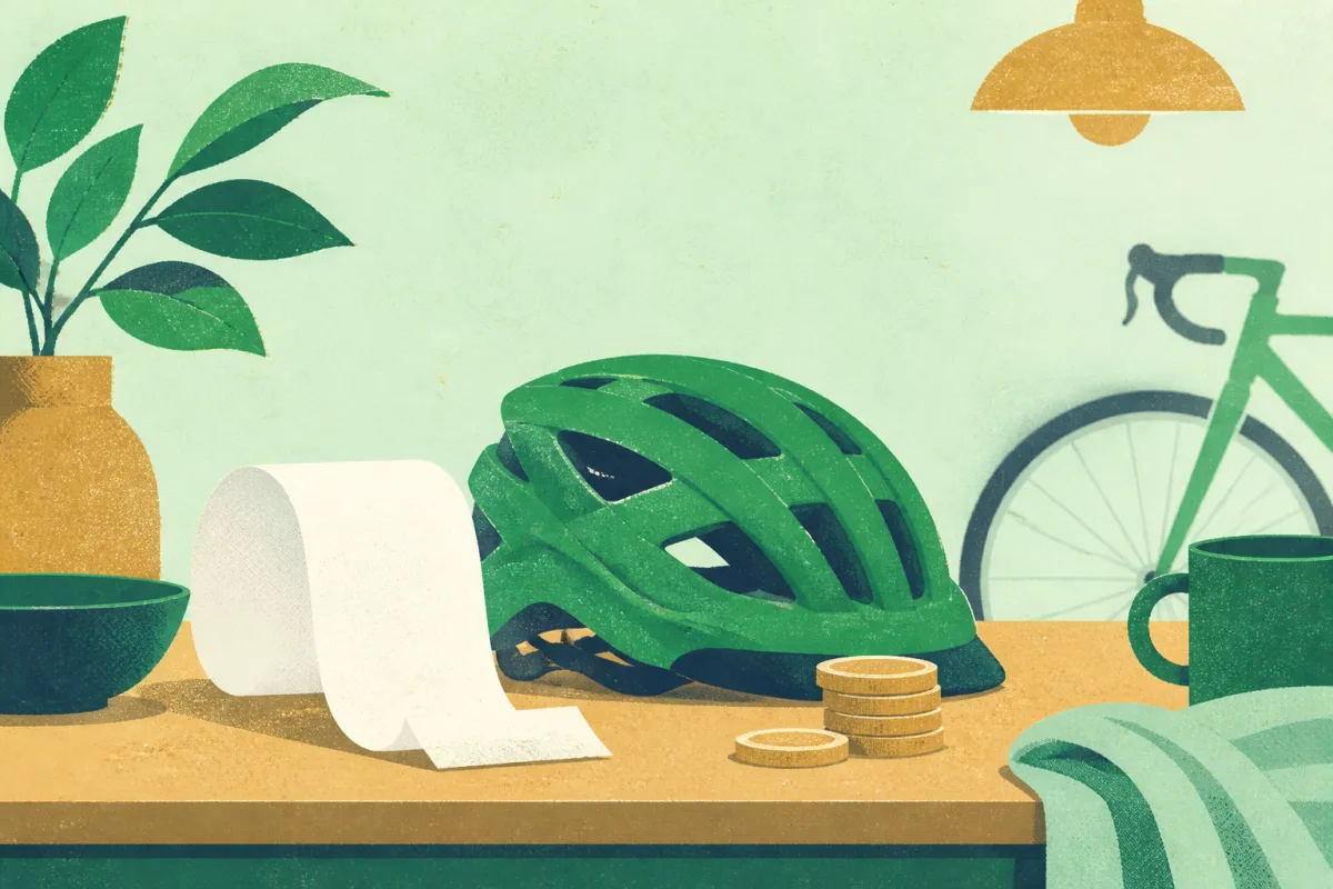 Calculator and bicycle receipt on a kitchen table beside a U-lock
