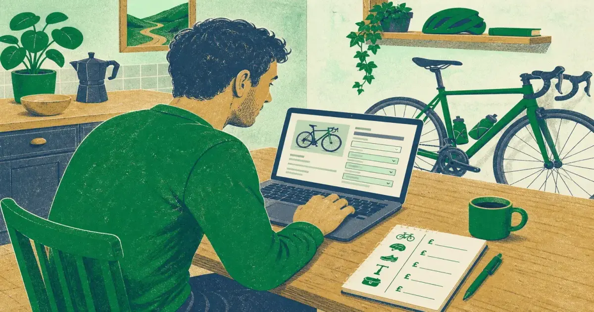 Cyclist noting down bike details on a notepad beside a road bike