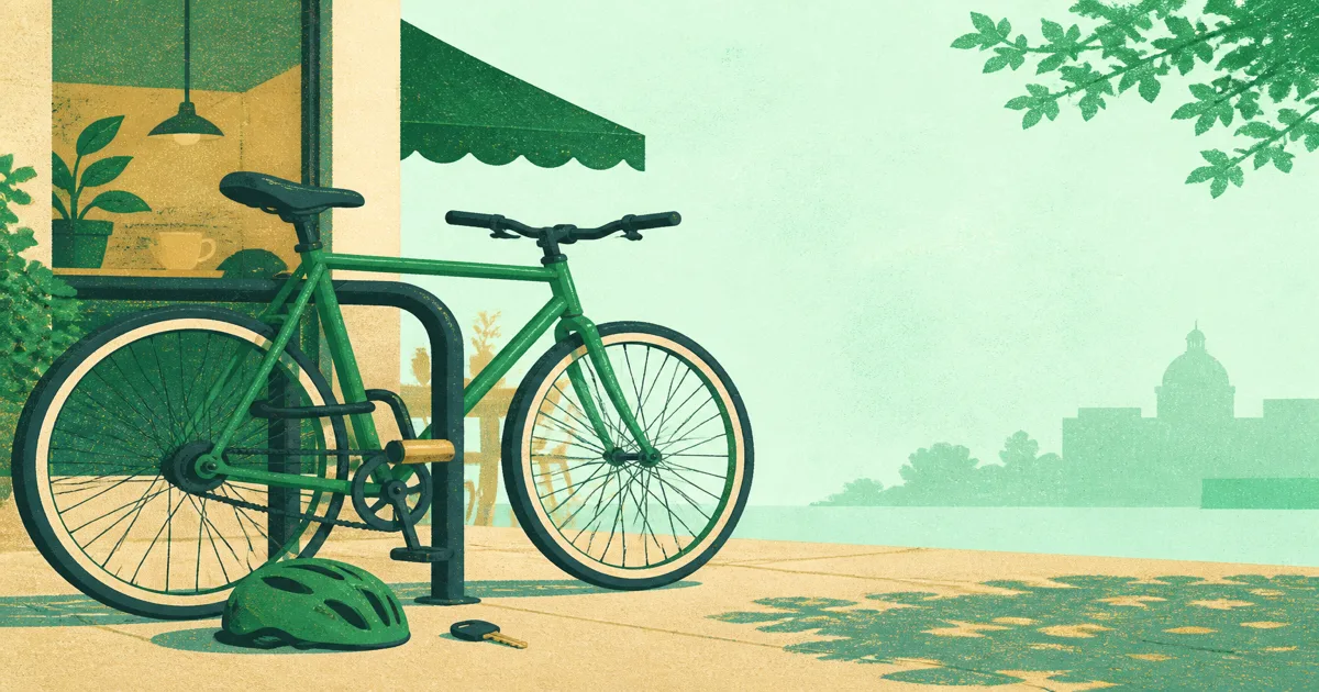 Bicycle locked outside a cafe with a U-lock on the frame