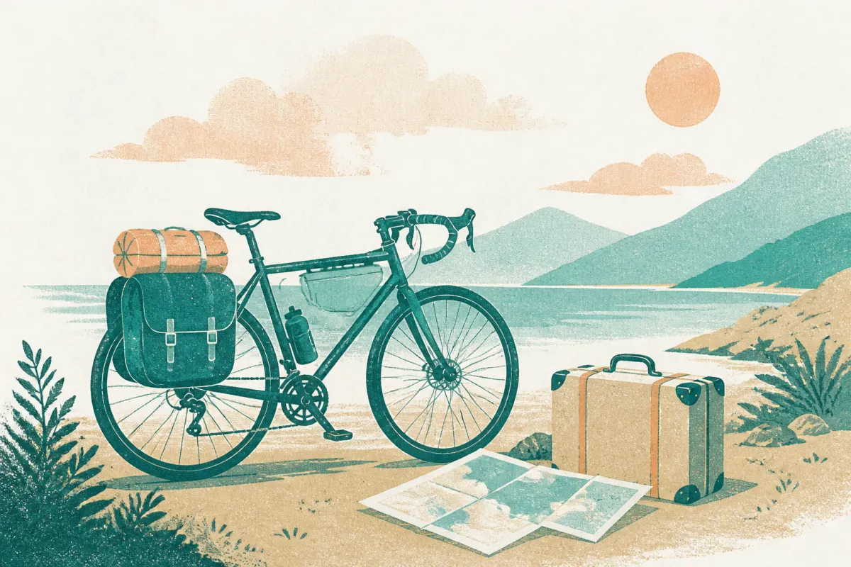 Touring bicycle packed for travel beside a suitcase and map