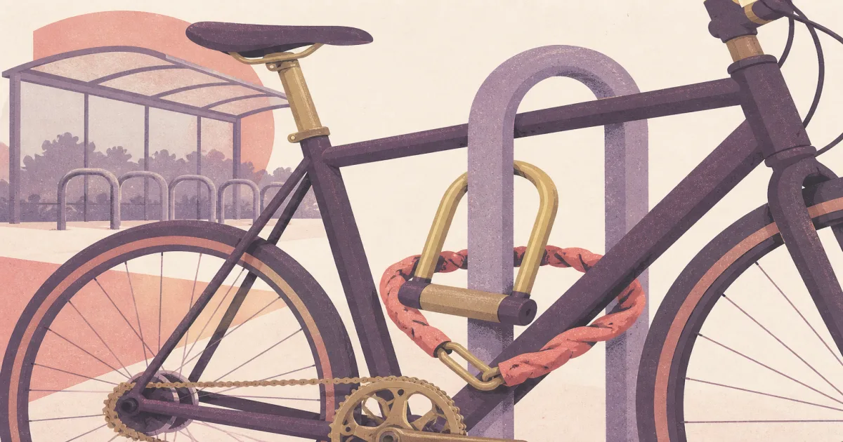 Pedal bicycle secured to a Sheffield stand with a U-lock and chain