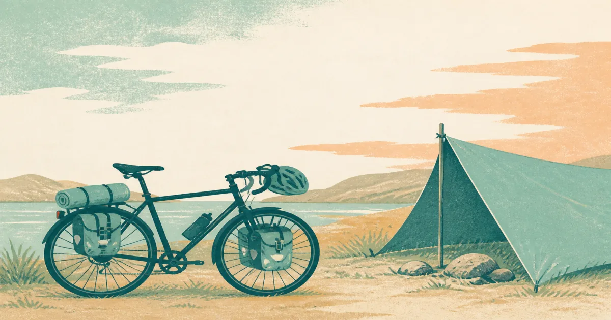 Loaded pedal bicycle beside a simple campsite shelter