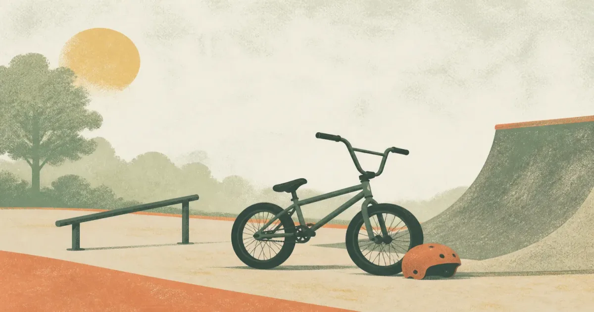 Risograph illustration of a BMX bike at a skate park rail with helmet nearby