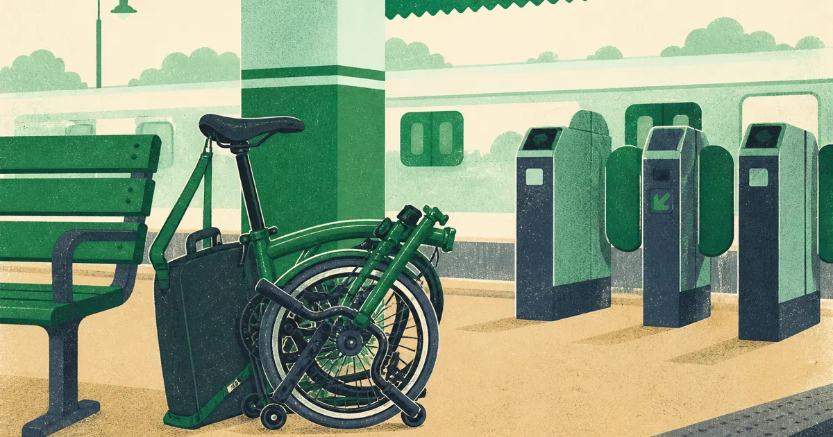 Folded Brompton bicycle carried onto a UK commuter train platform