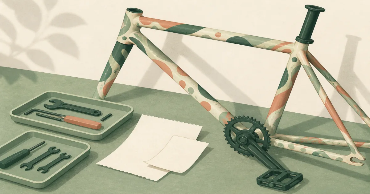 Risograph illustration of a custom-painted pedal bicycle frame beside tool trays and receipt papers