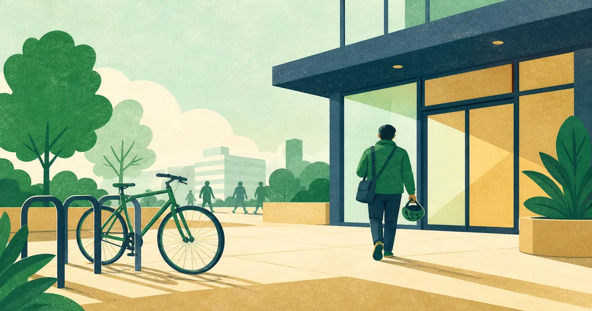 Commuter bicycle at an office entrance bike rack