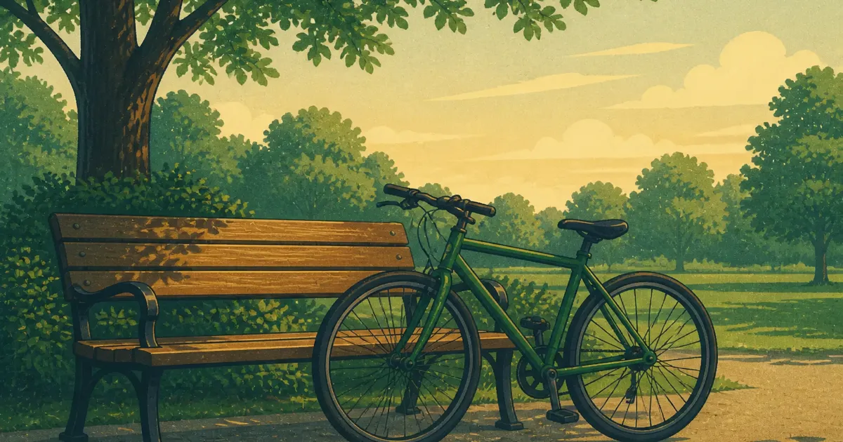 Cyclist resting on a bench with a helmet beside them after a ride
