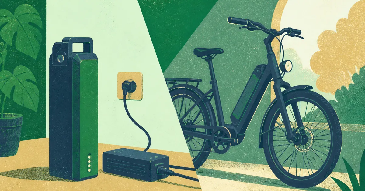 Electric bike with battery removed beside a home charging point