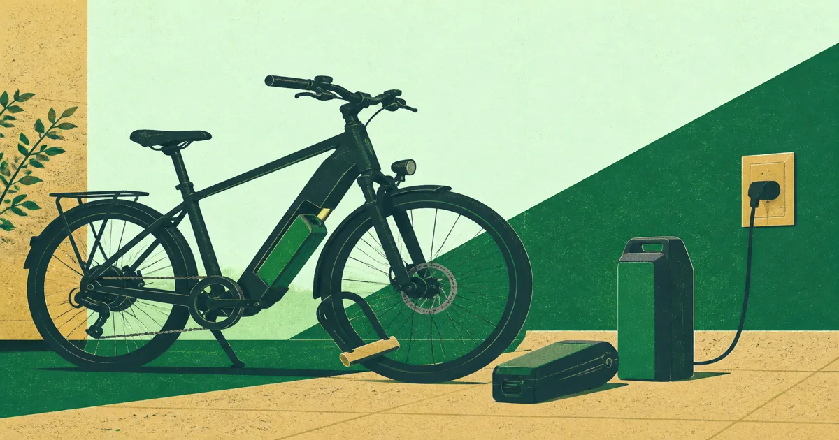 Electric bike with a removable battery at a city charging nook