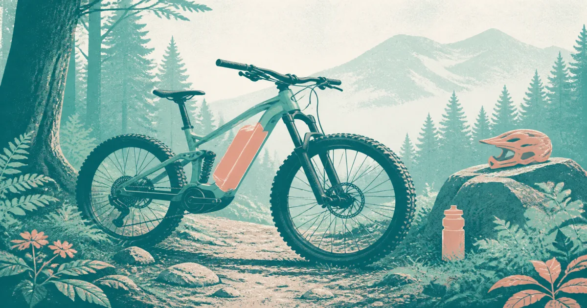 Risograph illustration of an electric mountain bike on a forest trail with a highlighted battery pack
