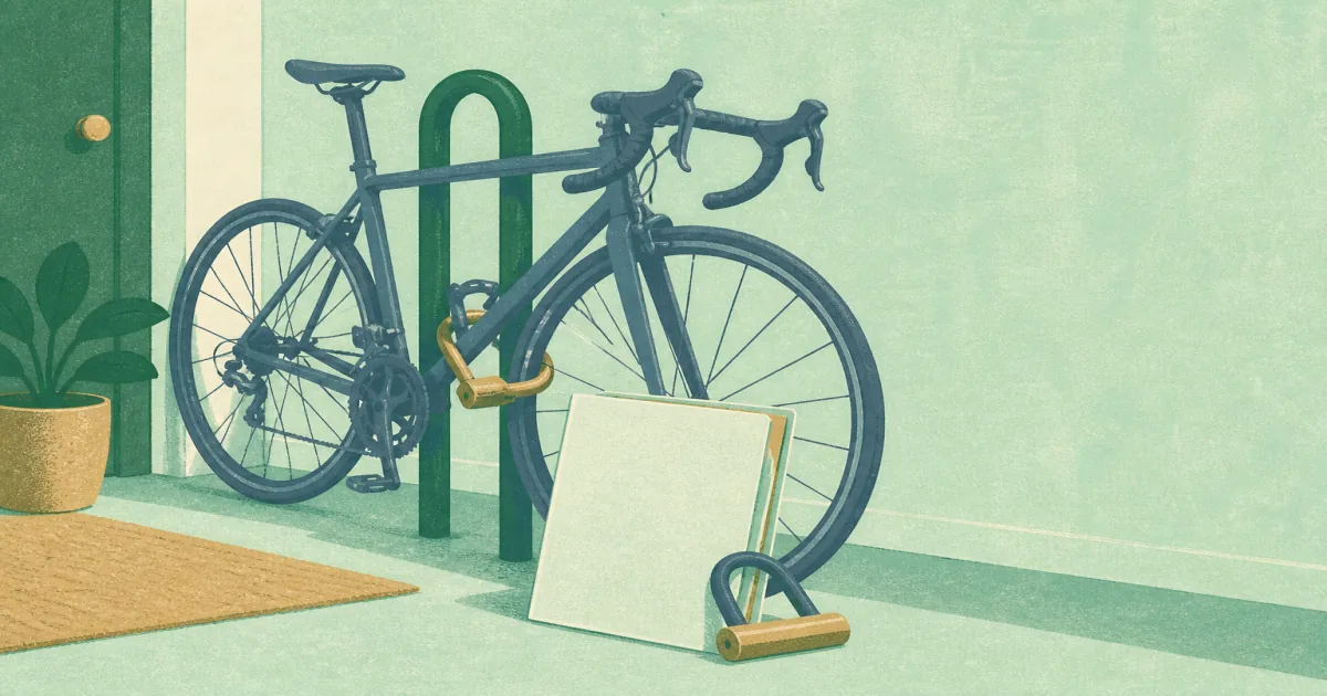 Risograph illustration of a locked road bike beside a simple insurance folder and Sold Secure padlock on mint paper