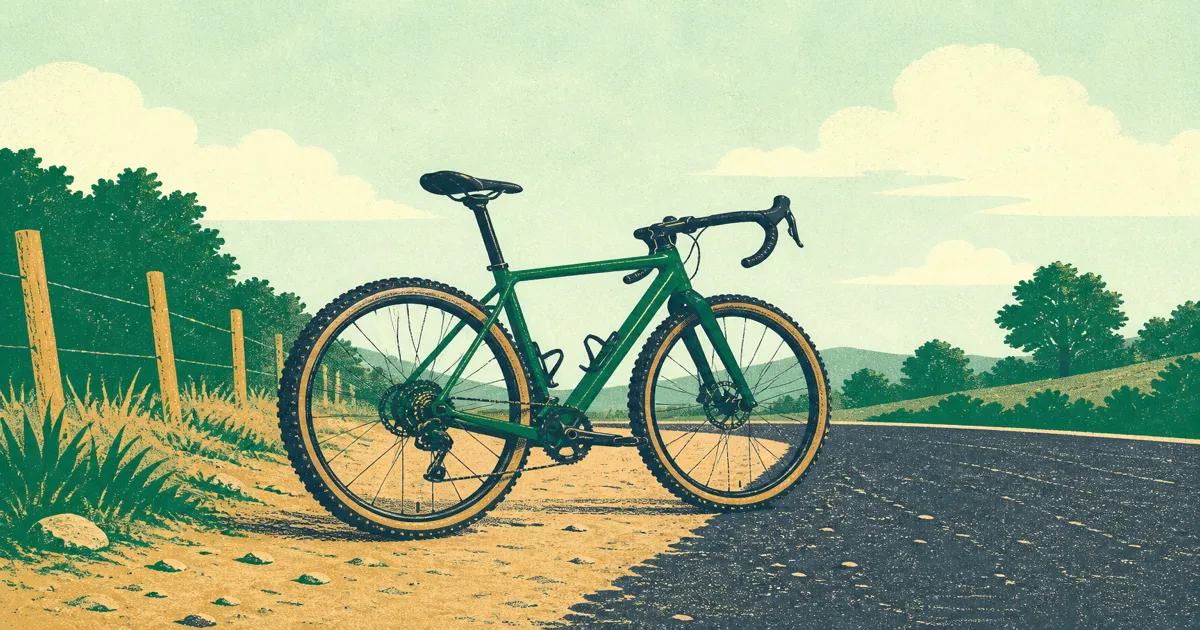 Risograph illustration of a gravel bicycle on a mixed dirt and tarmac lane