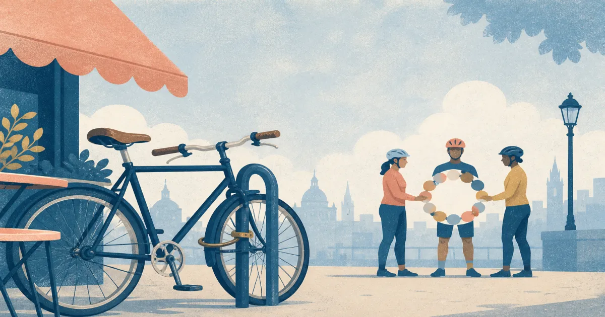 Risograph illustration of cyclists sharing a collective claims circle beside a locked city bike