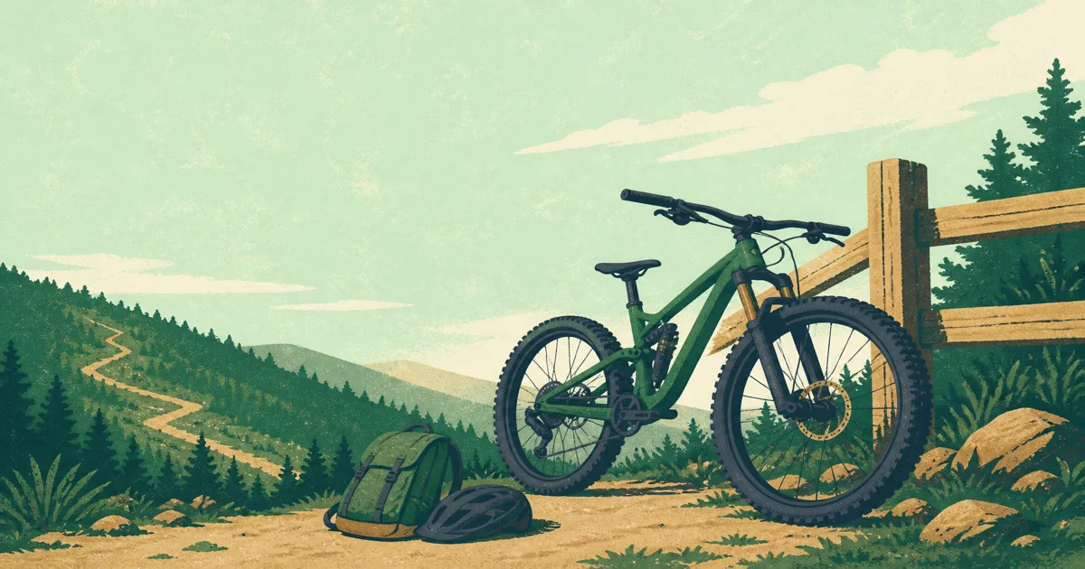 Mountain bike leaning on a trail-side wooden fence