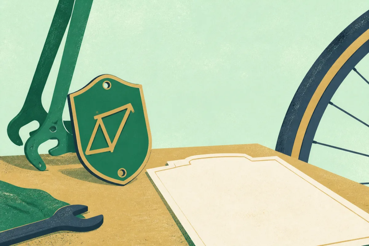 Close-up of a bicycle frame badge beside a policy document on a desk