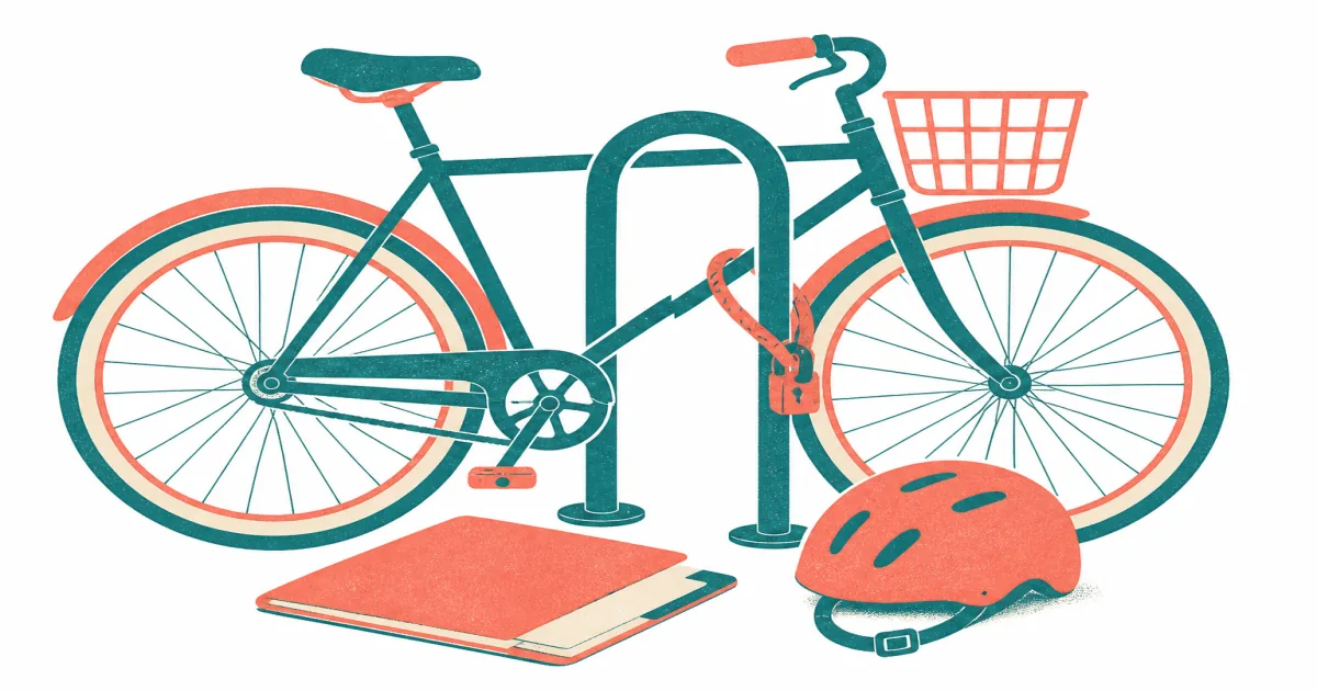 Risograph illustration of a locked city bicycle beside a simple policy folder and helmet