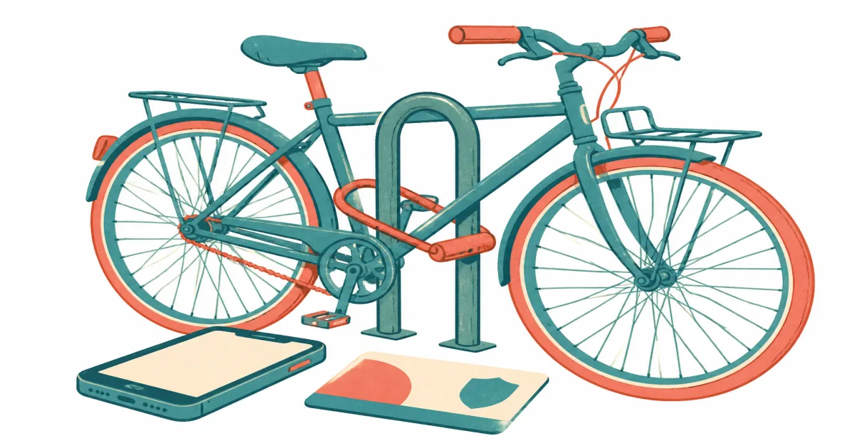 Risograph illustration of a commuter bicycle locked beside a phone and a simple policy card