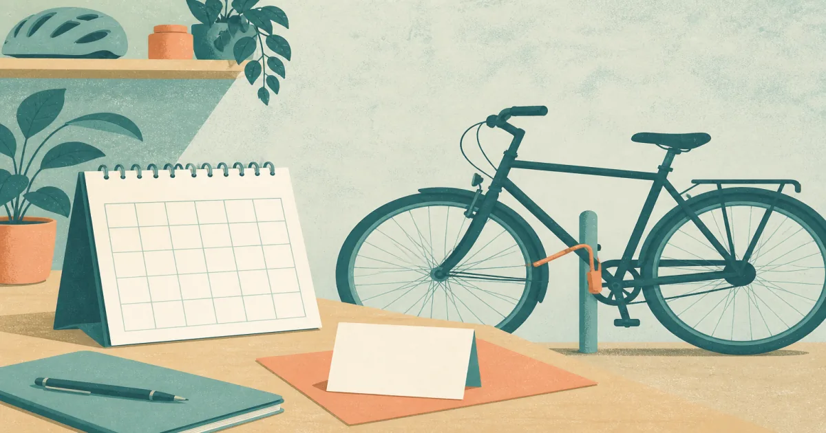 Risograph illustration of a bicycle calendar page and a short policy card beside a locked commuter bike