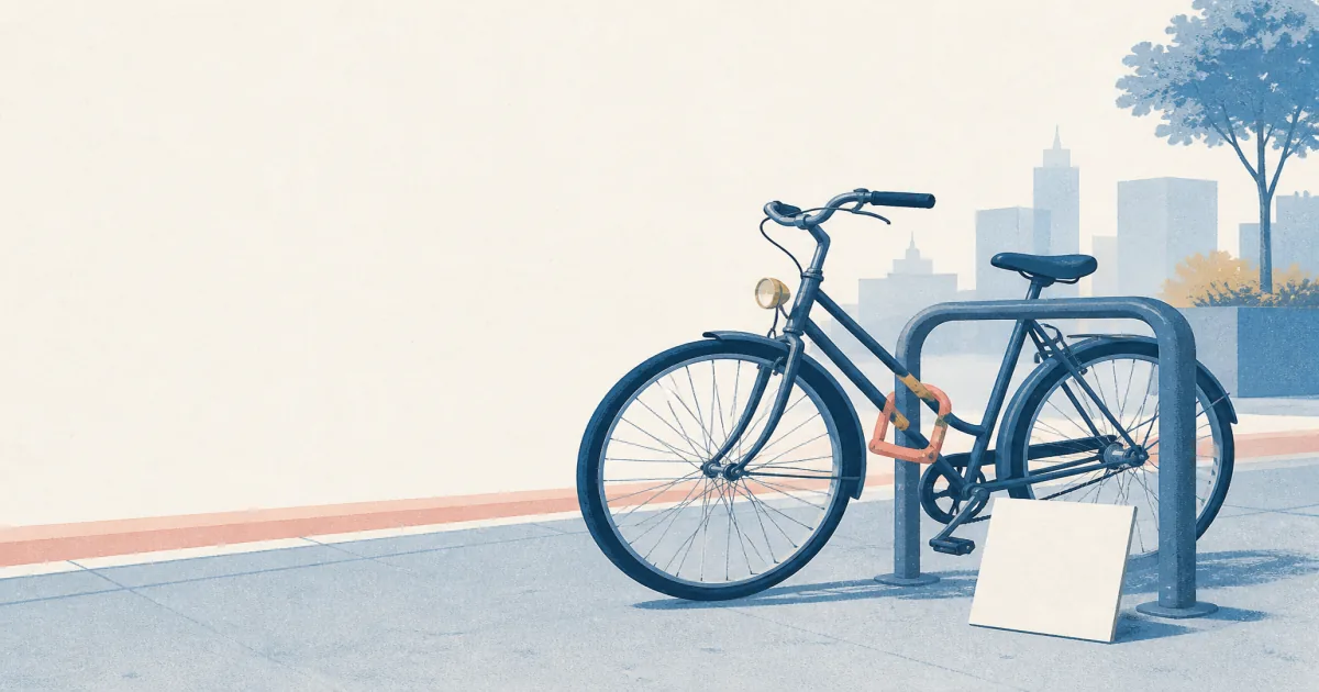 Risograph illustration of a city bicycle locked at a rack beside a simple policy card on cool mist paper